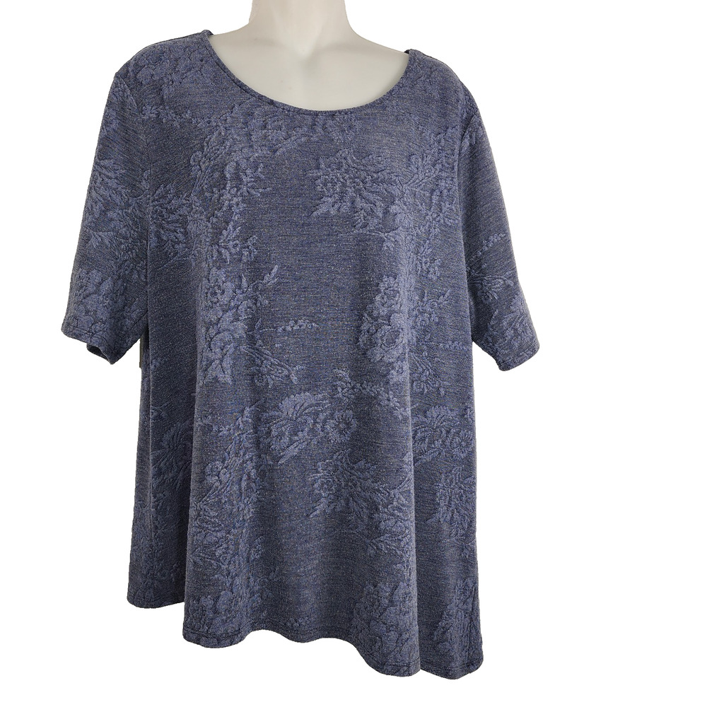 Chico's Women's Addie Tunic Tee XL Indigo Embossed Floral Asymmetrical Short Slv